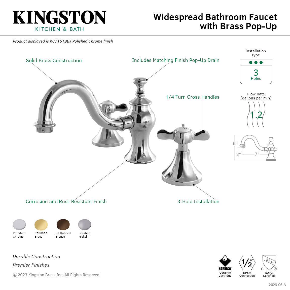 Kingston Heirloom KC7165BEX - Essex Two-Handle 3-Hole Deck Mount Widespread Bathroom Faucet with Brass Pop-Up, Oil Rubbed Bronze — thumbnail 2